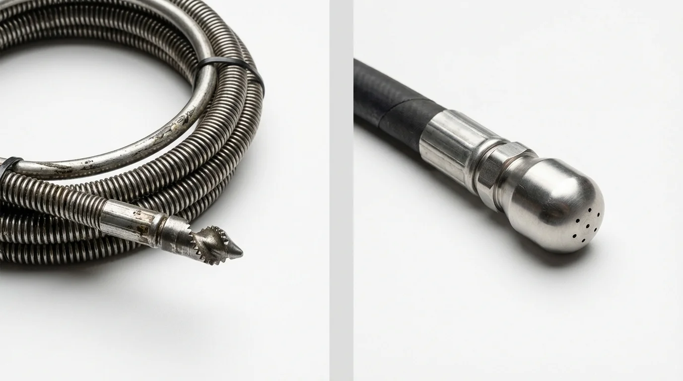 Drain snake cable and hydro jetting nozzle used for drain cleaning in Marathon, WI
