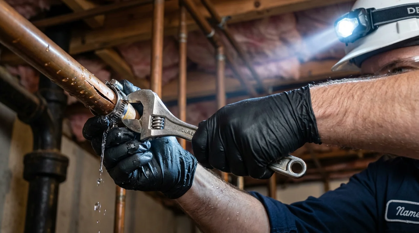 Emergency pipe clamp repair being performed by a Johns Plumbing LLC plumber in Marathon
