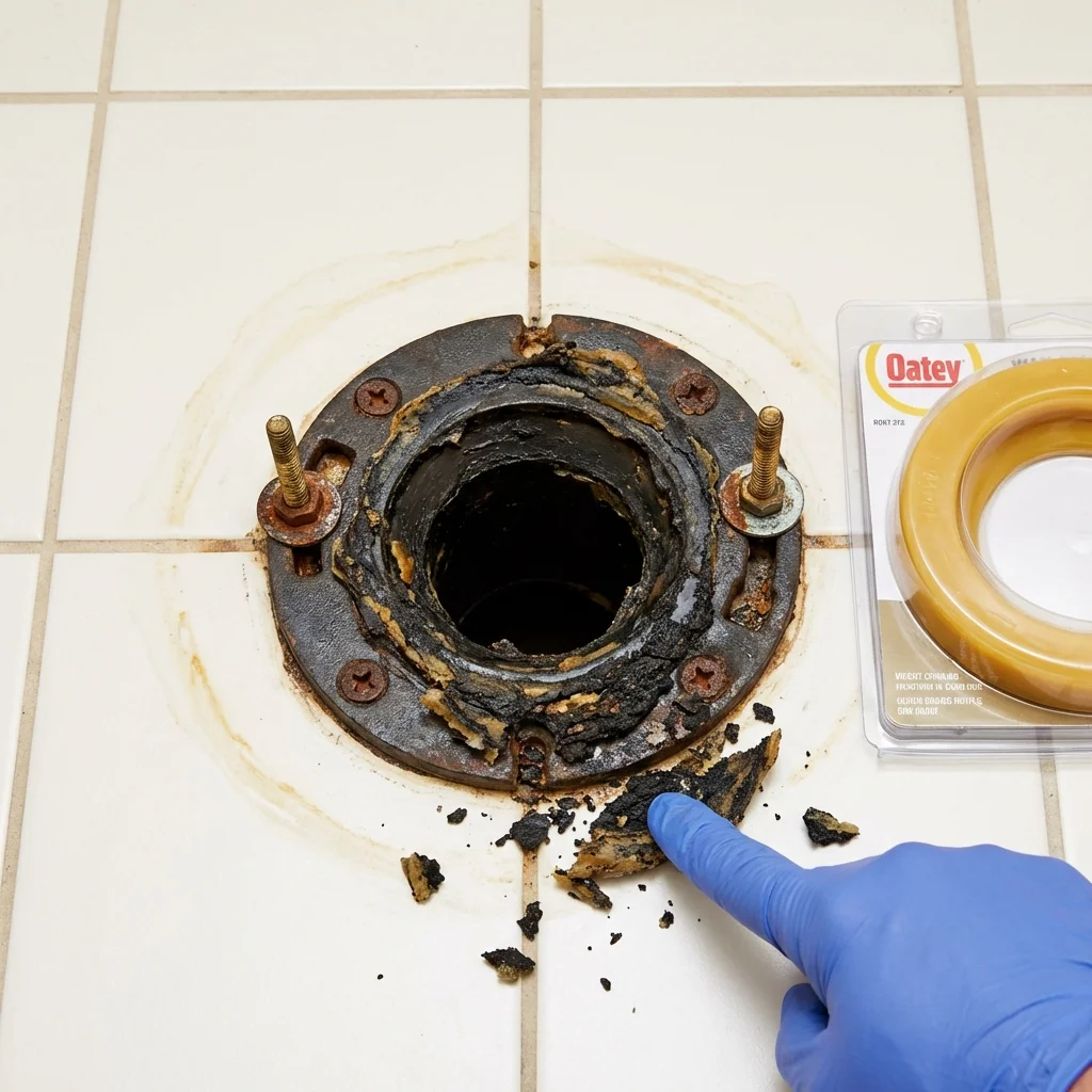 Failed wax ring showing water seepage at the base of a toilet in a Marathon, WI home