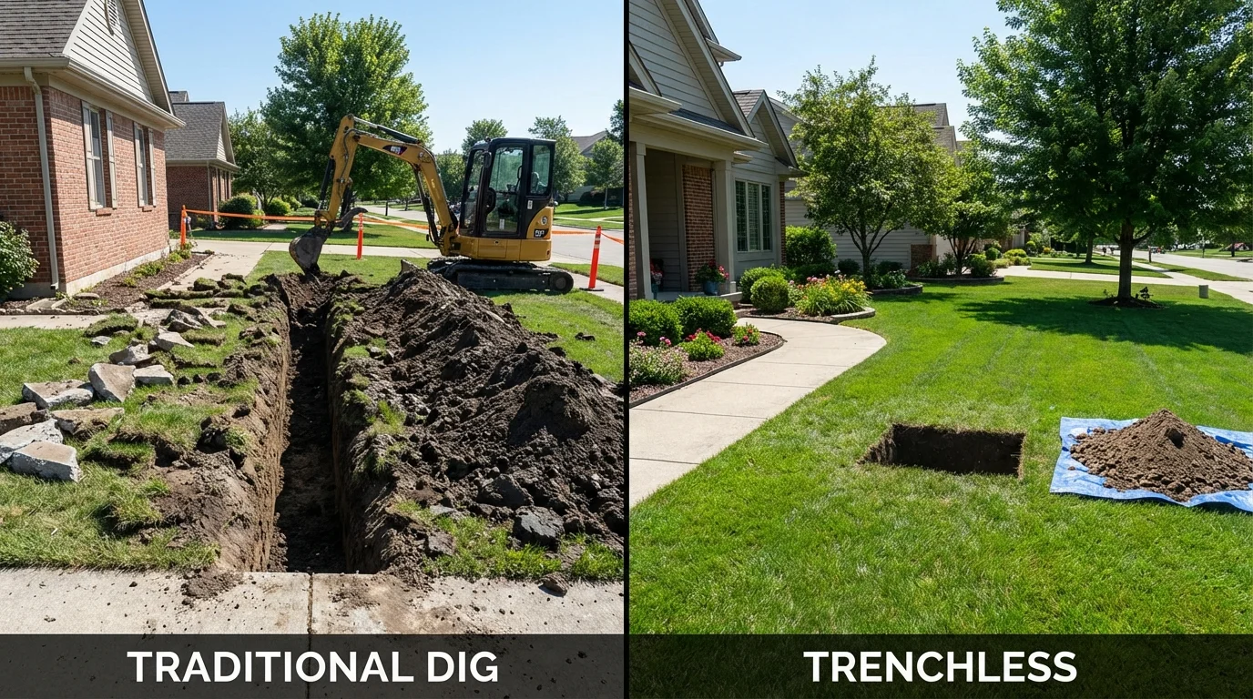 Trenchless sewer repair with minimal yard damage versus traditional excavation in Marathon, WI